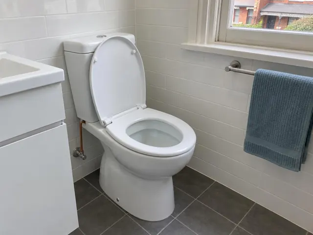 Clean white toilet in a tiled bathroom with sink and window in Bondi
