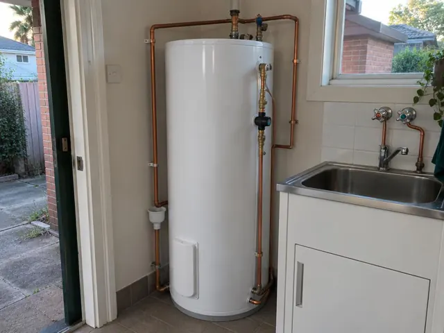White hot water cylinder beside a stainless sink in a tiled laundry nook in Bondi