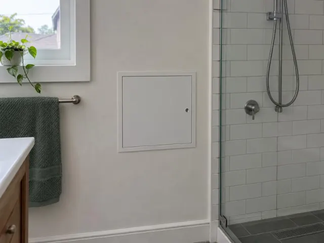 Bathroom wall with a neat access panel beside a tiled shower and towel rail in Clovelly